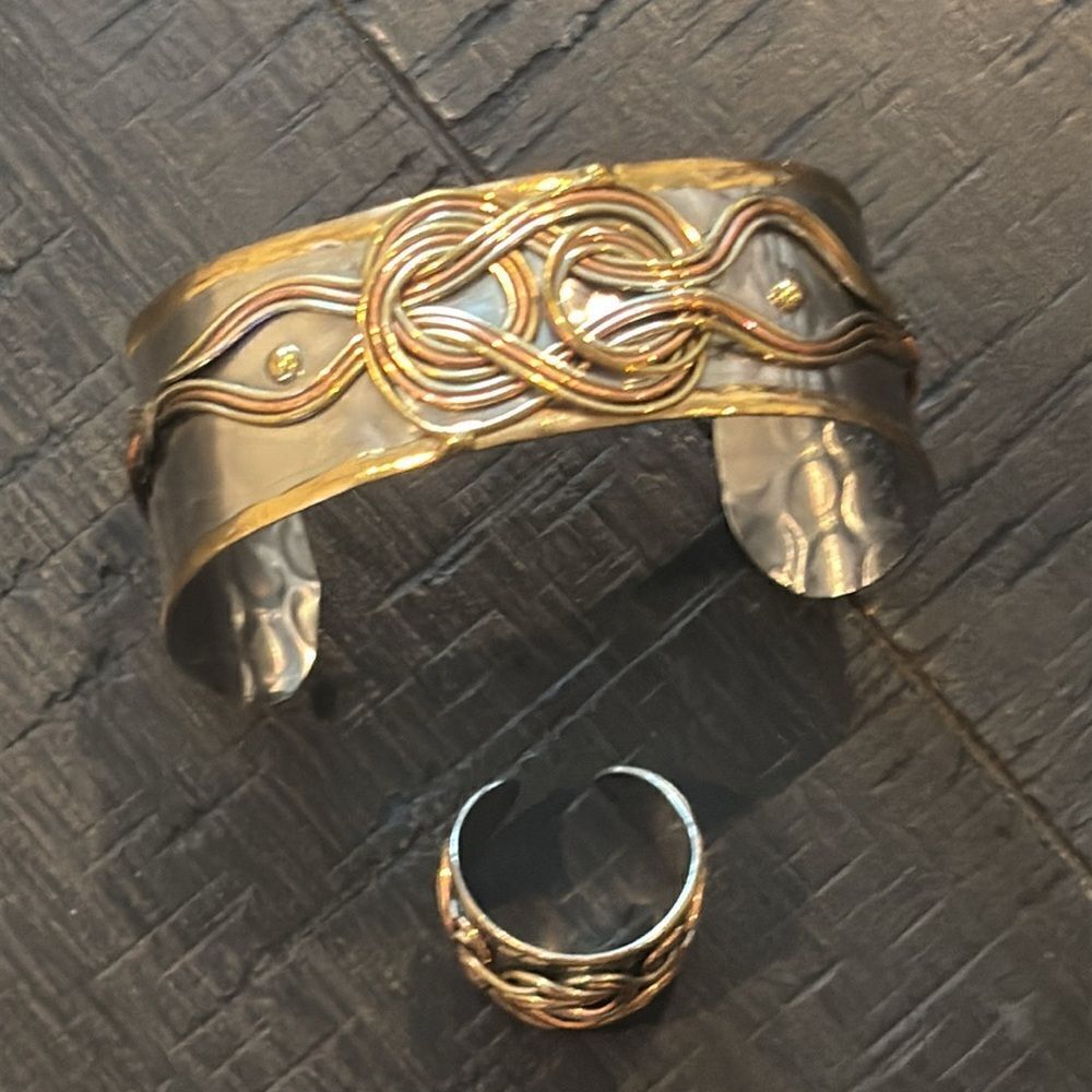 Mixed Metal Cuff Bracelet & Ring Adjustable Native American Boho Set Jewelry